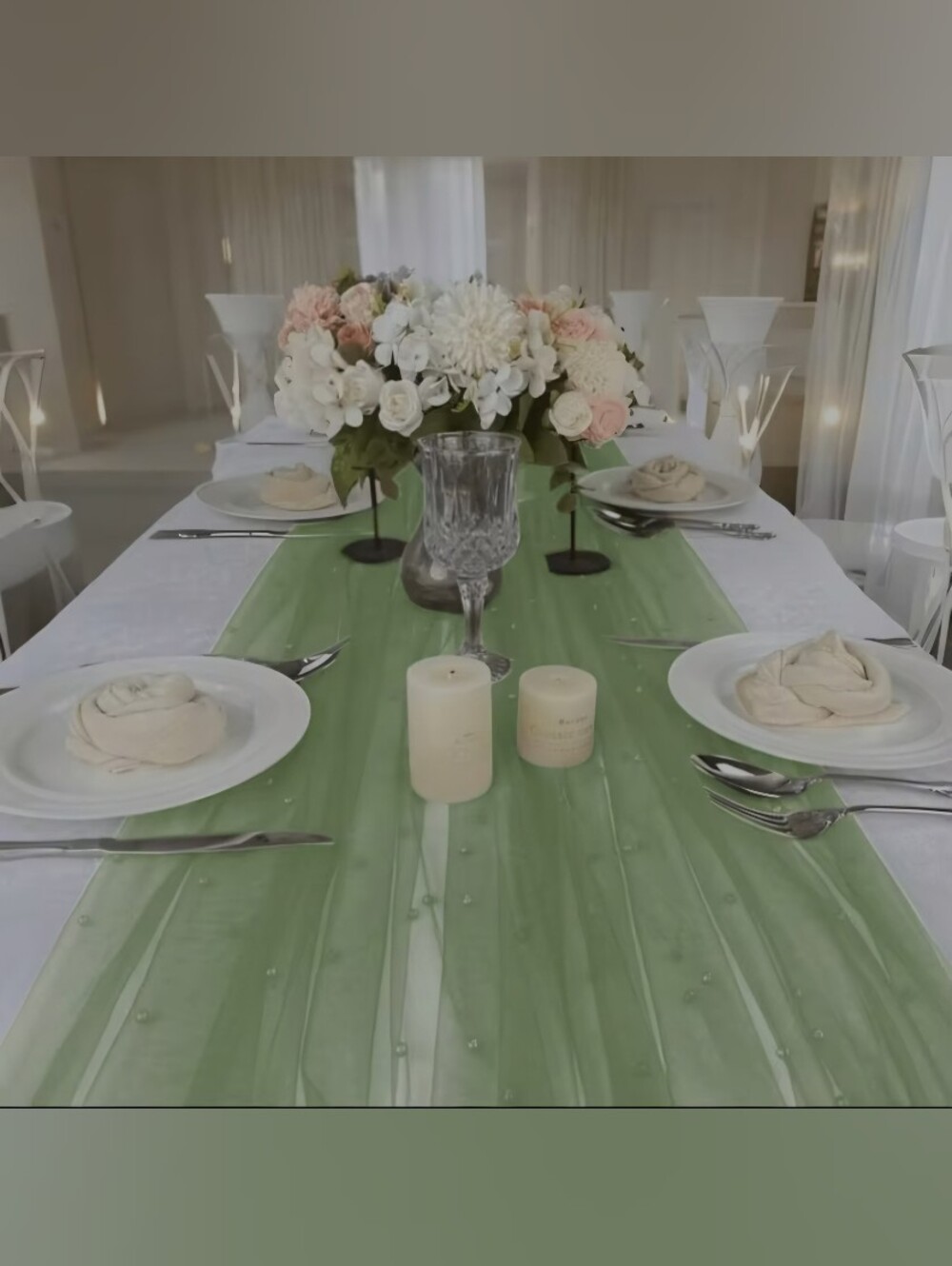 Elegant Sage Green Beaded Tulle Fabric